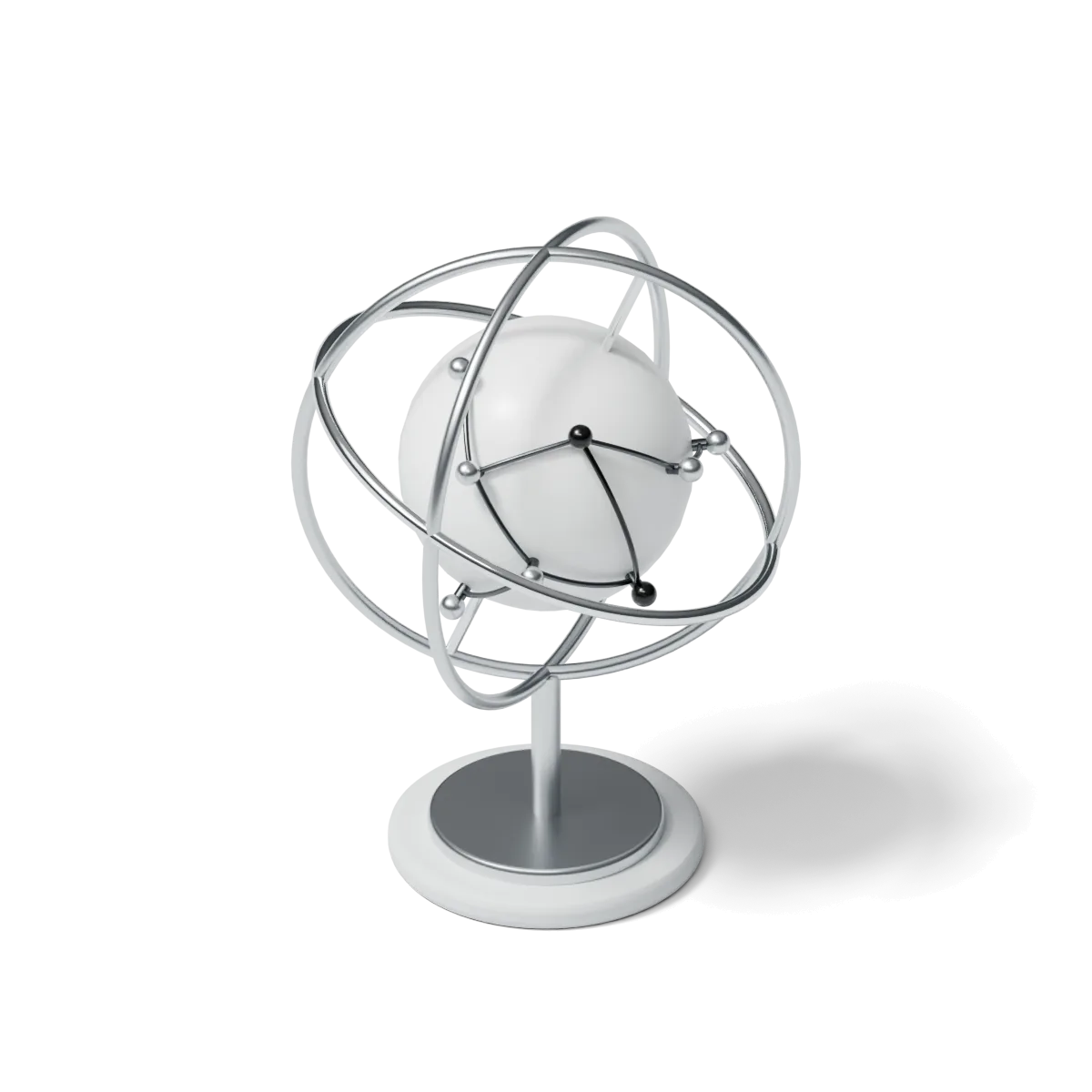 A white model of an armillary sphere, its rings linked like a network