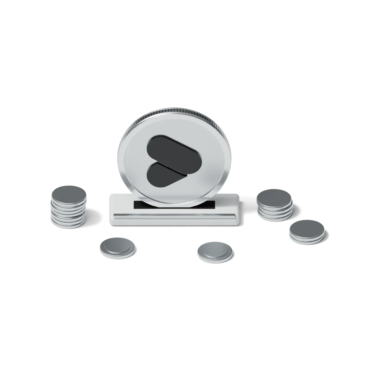 A white model of a coin with the Develp mark, standing among smaller coins
