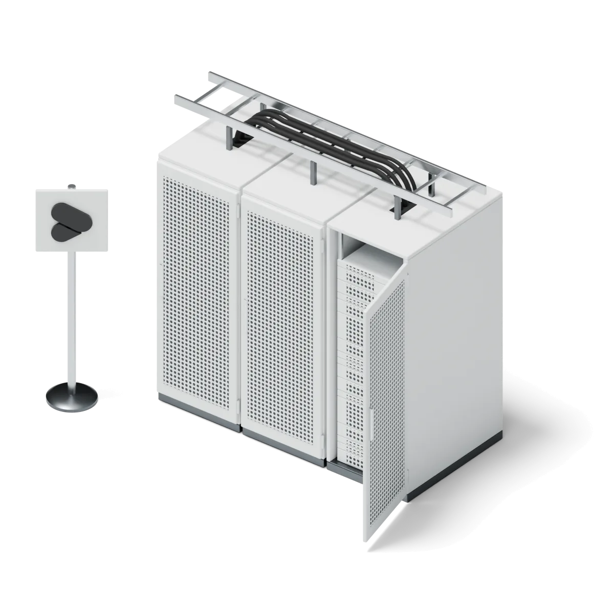 A white model of a server rack with the Develp mark on a stand beside it