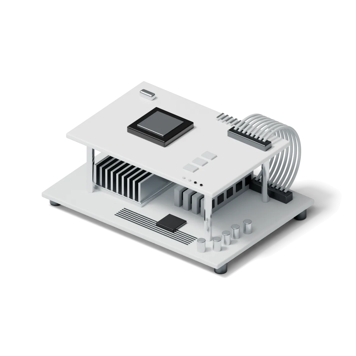 A white model of a server board, its parts laid out like a report