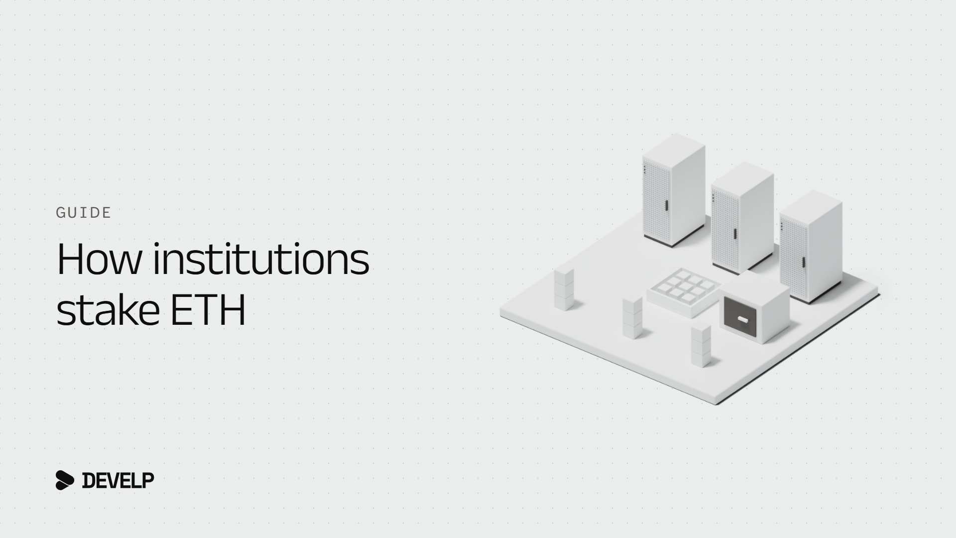 A white model of a staking site: three server cabinets, a safe and stacks of blocks on one plinth